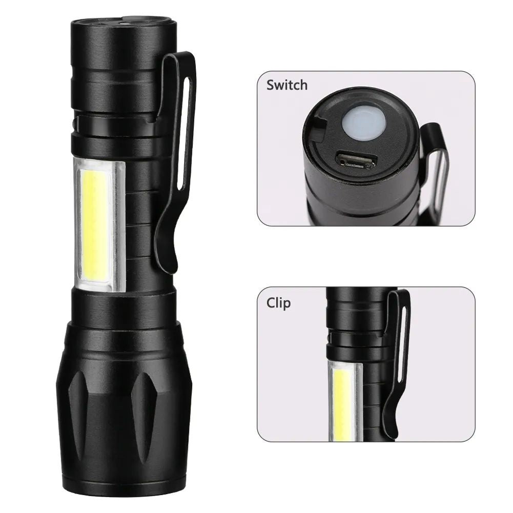 Torch - Mini LED Micro USB Charging with Cable and Case - USB Charging Powerful Flashlight 3800LM XPE COB Small Rechargeable - Flash Light Zoomab